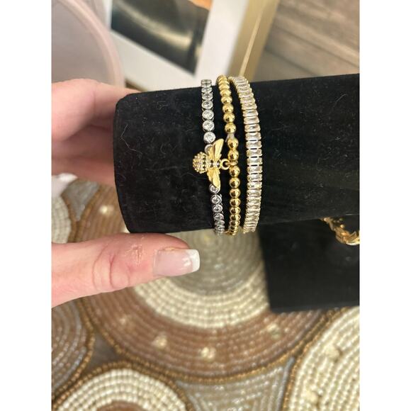 Set of Three Gold Plated Elastic/Adjustable Beaded/Crystal Diamond Bracelet - Picture 5 of 7